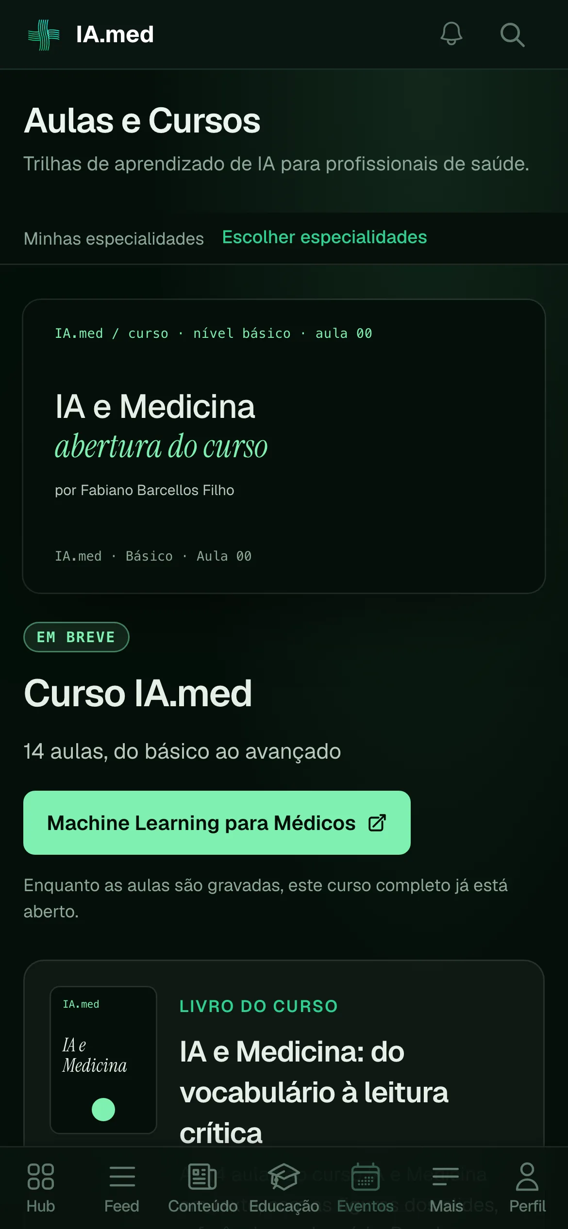 Tela Aulas e Cursos do IA.med em estilo de streaming, fundo escuro, com o livro do curso em PDF em destaque, versão de celular